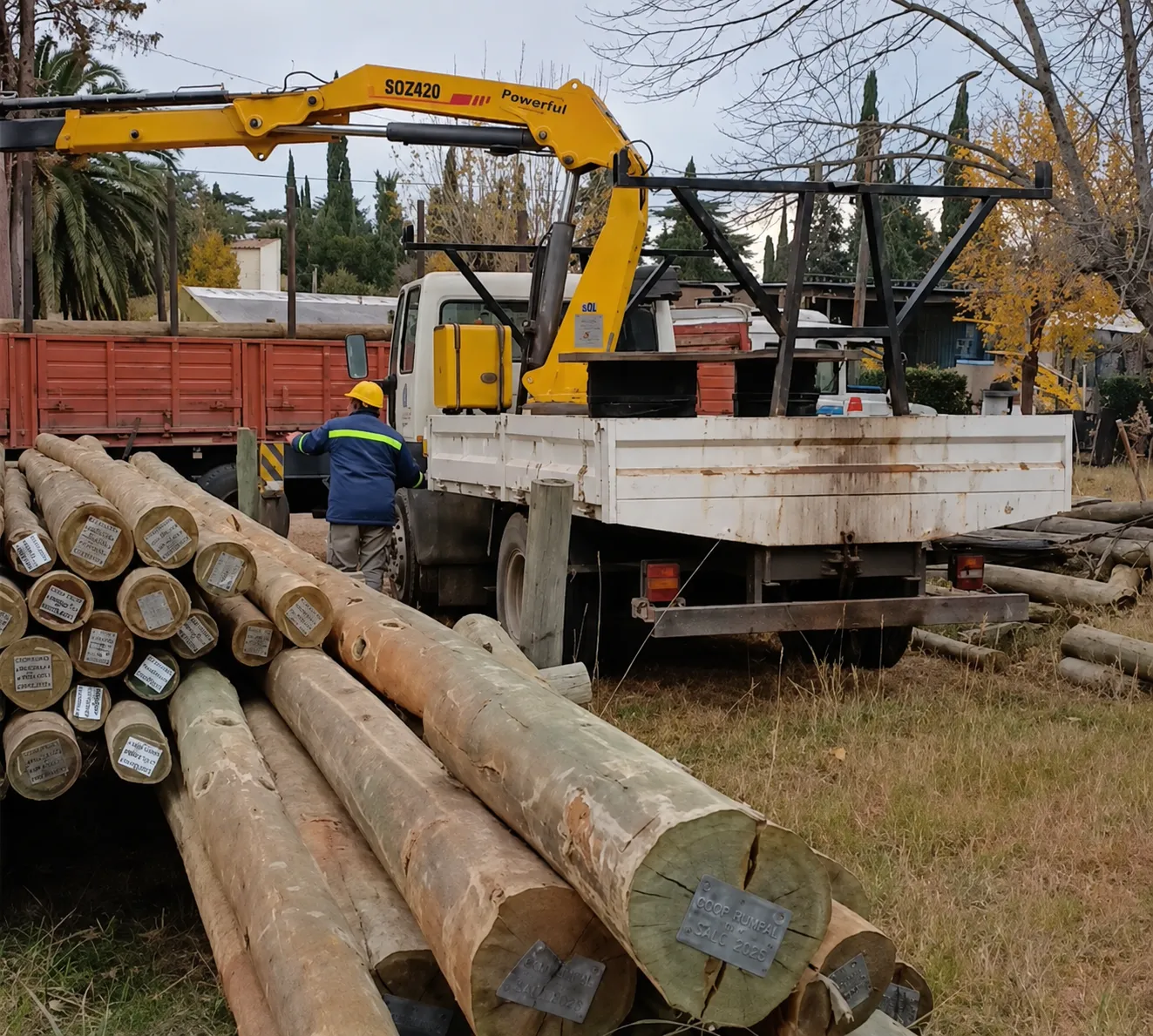 Nuevos postes adquiridos por la Cooperativa de Villa Rumipal para ampliar la red eléctrica y el alumbrado público.